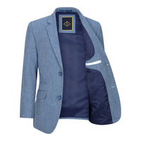 Traje de lana de 3 piezas para niño, azul claro, tweed, estilo vintage de los años 20, chaleco clásico de 4 bolsillos.