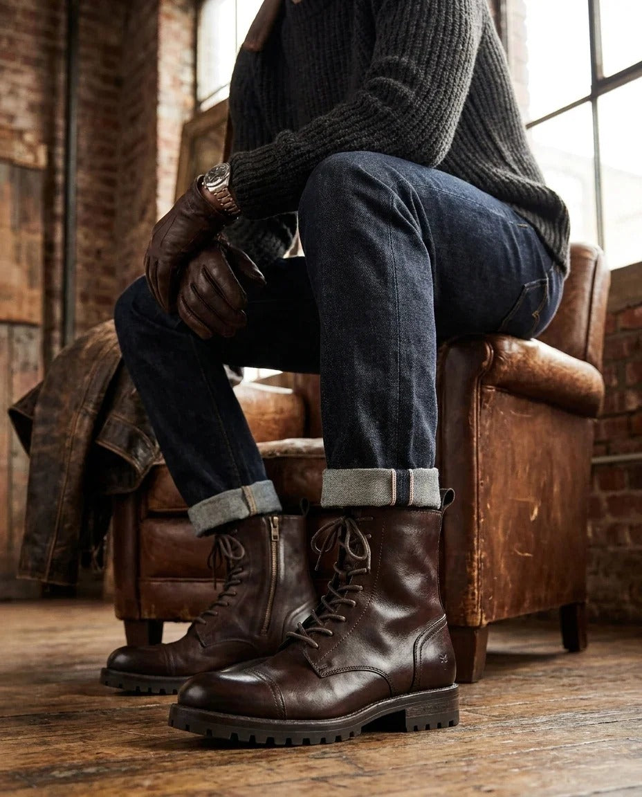 Willem - Botas militares de cuero marrón rojizo para hombre