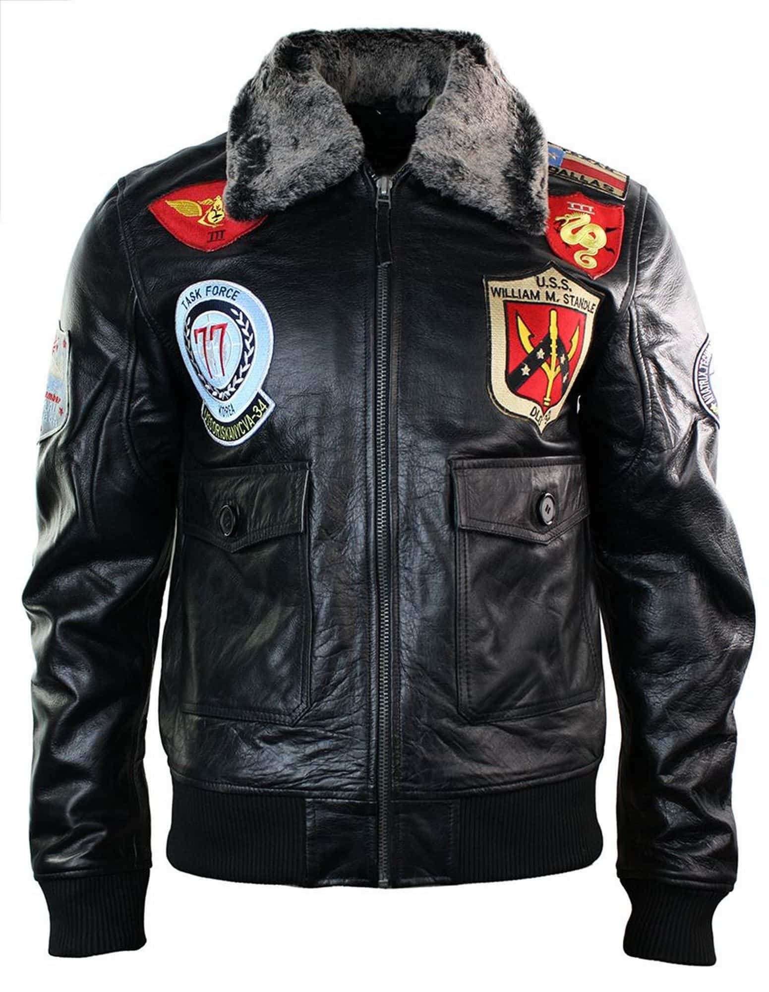 Chaqueta de aviador de la Fuerza Aérea de EE. UU. de cuero auténtico para hombre, estilo bomber, color negro, con cuello de piel.