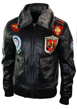 Chaqueta de aviador de la Fuerza Aérea de EE. UU. de cuero auténtico para hombre, estilo bomber, color negro, con cuello de piel.