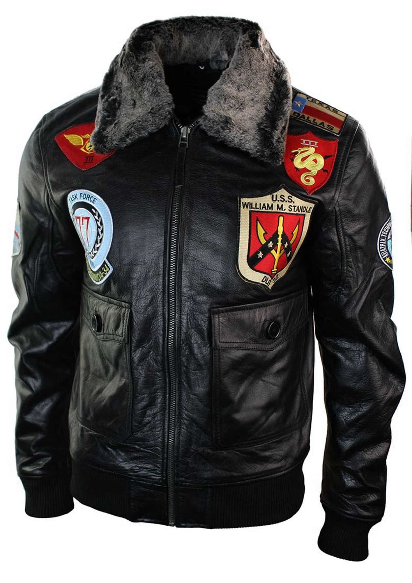 Chaqueta de aviador de la Fuerza Aérea de EE. UU. de cuero auténtico para hombre, estilo bomber, color negro, con cuello de piel.