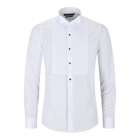 Camisa blanca de hombre con cuello de alas, plisada, estilo esmoquin, con puños dobles y acabado satinado de algodón.
