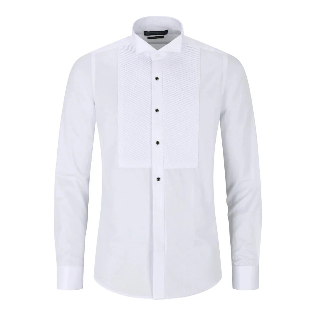 Camisa blanca de hombre con cuello de alas, plisada, estilo esmoquin, con puños dobles y acabado satinado de algodón.