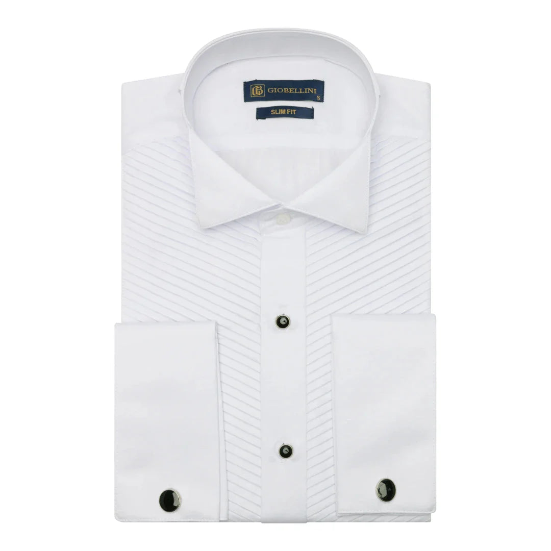 Camisa blanca de hombre con cuello de alas, plisada, estilo esmoquin, con puños dobles y acabado satinado de algodón.