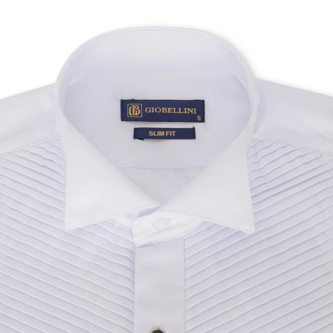 Camisa blanca de hombre con cuello de alas, plisada, estilo esmoquin, con puños dobles y acabado satinado de algodón.