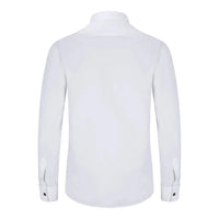 Camisa blanca de hombre con cuello de alas, plisada, estilo esmoquin, con puños dobles y acabado satinado de algodón.