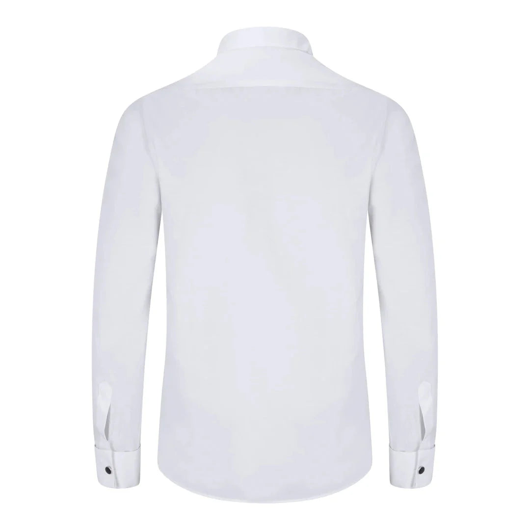 Camisa blanca de hombre con cuello de alas, plisada, estilo esmoquin, con puños dobles y acabado satinado de algodón.