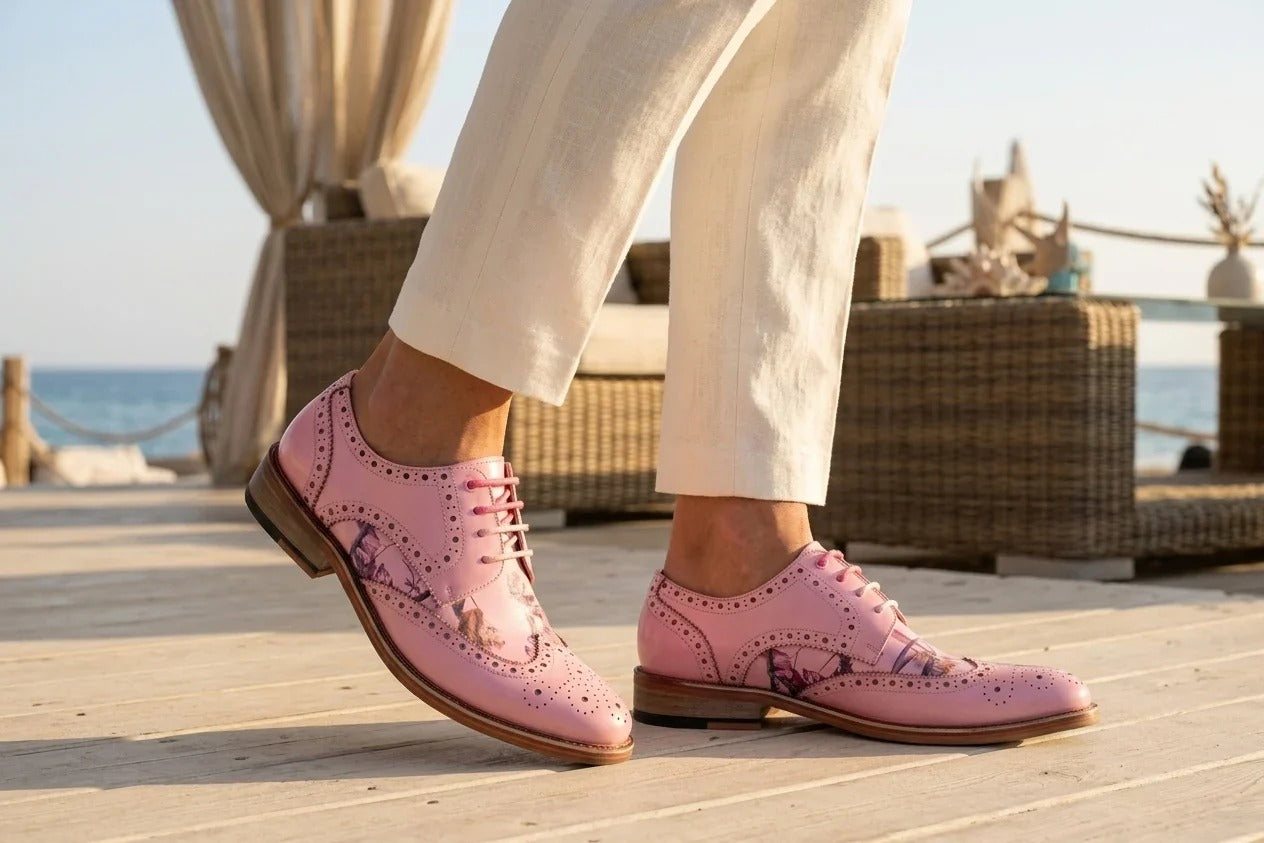Wolf - Zapatos de vestir brogue con puntera de ala y estampado floral rosa para hombre