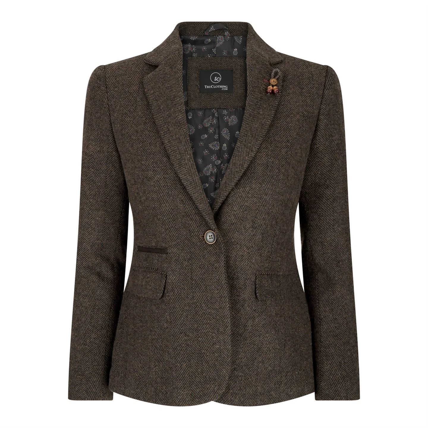 Blazer de mujer de tweed con diseño de espiga, color marrón, estilo vintage de los años 20, corte clásico y elegante.
