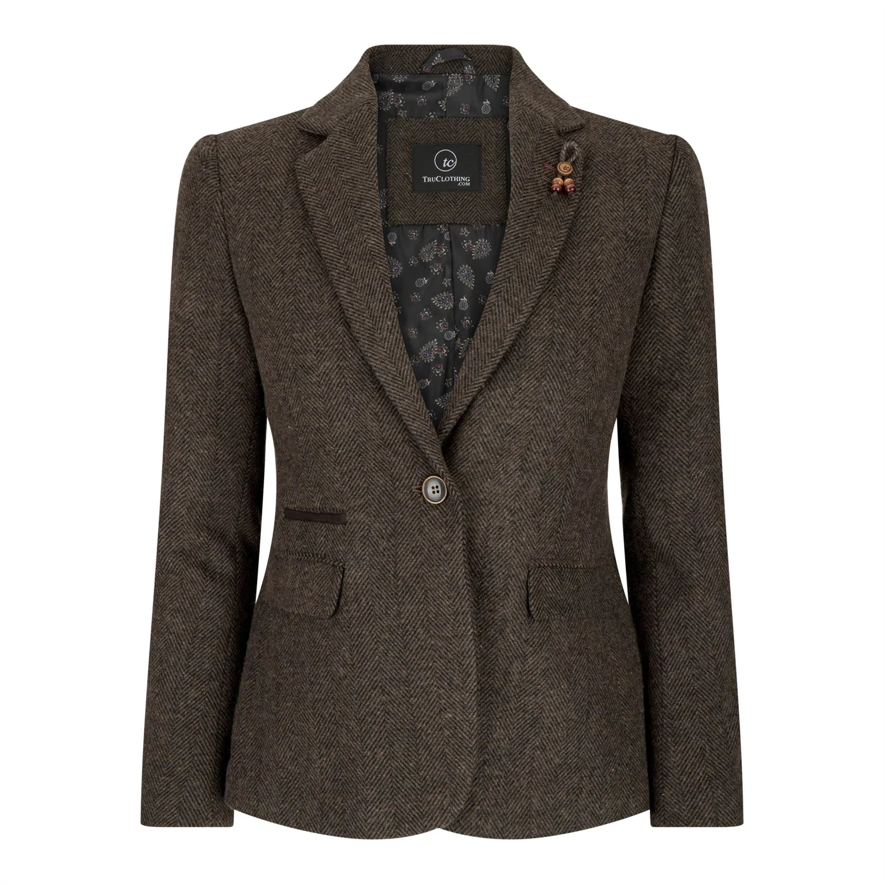 Blazer de mujer de tweed con diseño de espiga, color marrón, estilo vintage de los años 20, corte clásico y elegante.