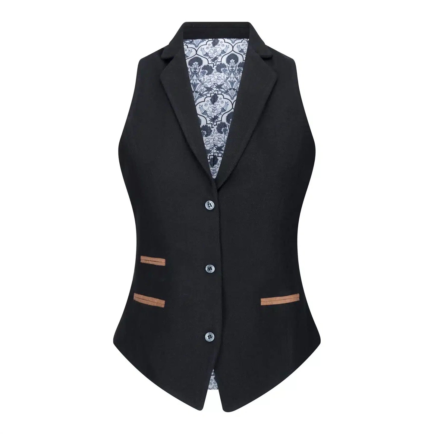 Chaleco de mujer de tweed de lana con coderas, estilo vintage clásico de los años 20, color negro.