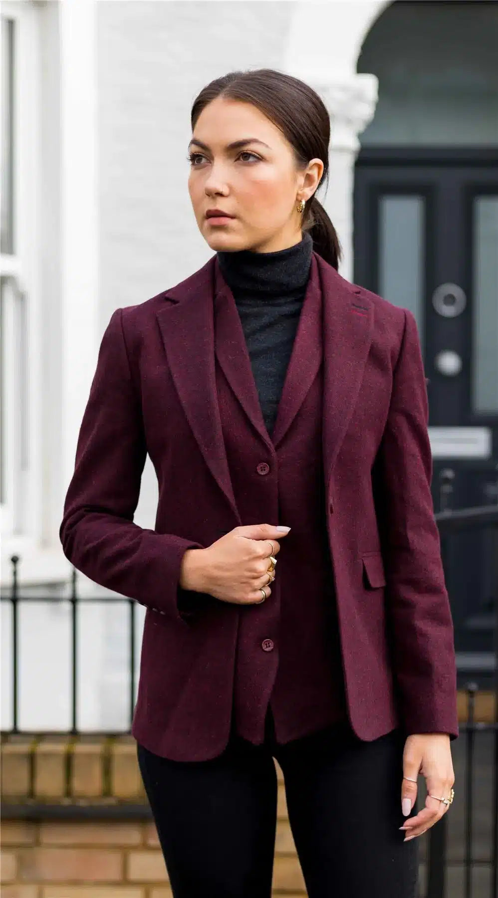 Traje de blazer para mujer, lana tweed, coderas, estilo vintage clásico de los años 20, color burdeos.