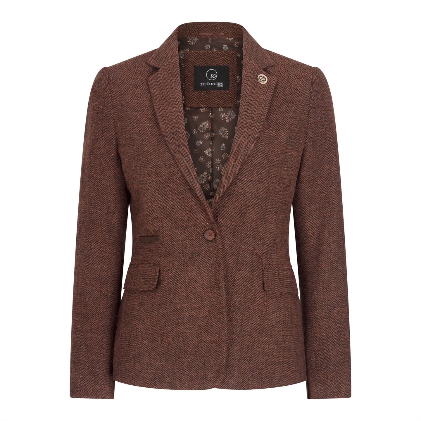 WS-12 - Blazer de traje de tweed para mujer, lana con estampado de espiga, color marrón óxido.