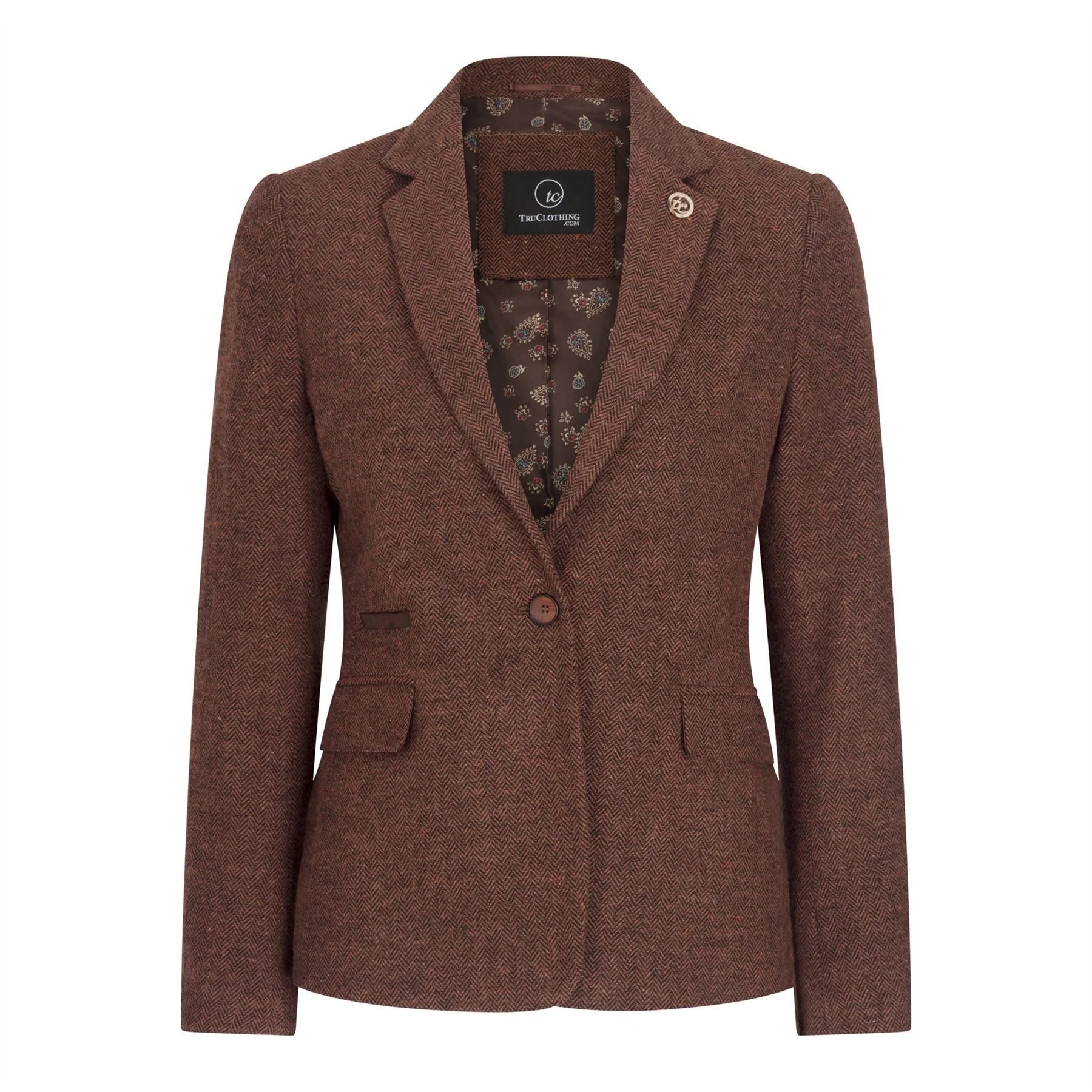 WS-12 - Blazer de traje de tweed para mujer, lana con estampado de espiga, color marrón óxido.
