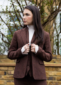 WS-12 - Blazer de traje de tweed para mujer, lana con estampado de espiga, color marrón óxido.