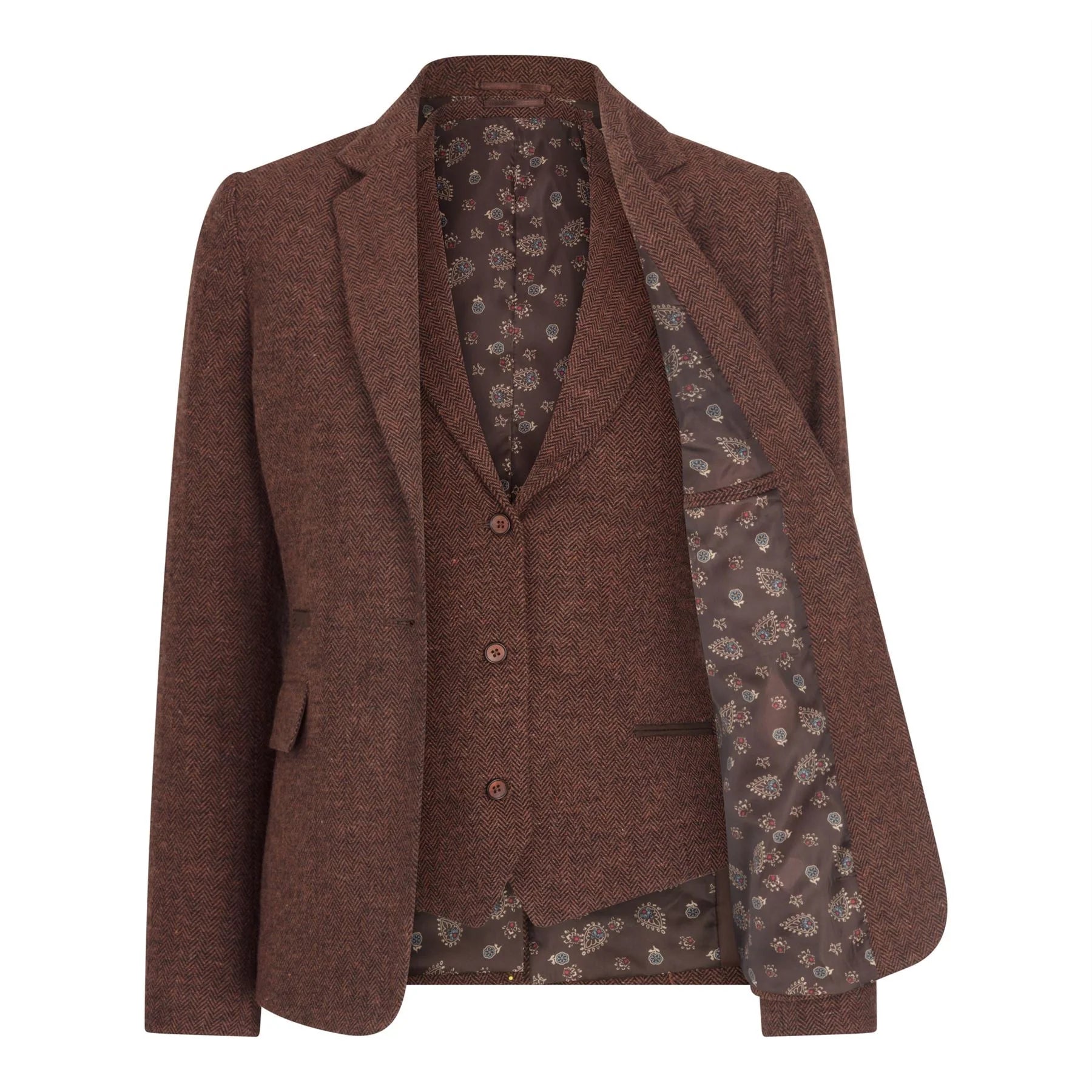 WS-12 - Blazer de traje de tweed para mujer, lana con estampado de espiga, color marrón óxido.