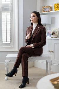 WS-12 - Blazer de traje de tweed para mujer, lana con estampado de espiga, color marrón óxido.