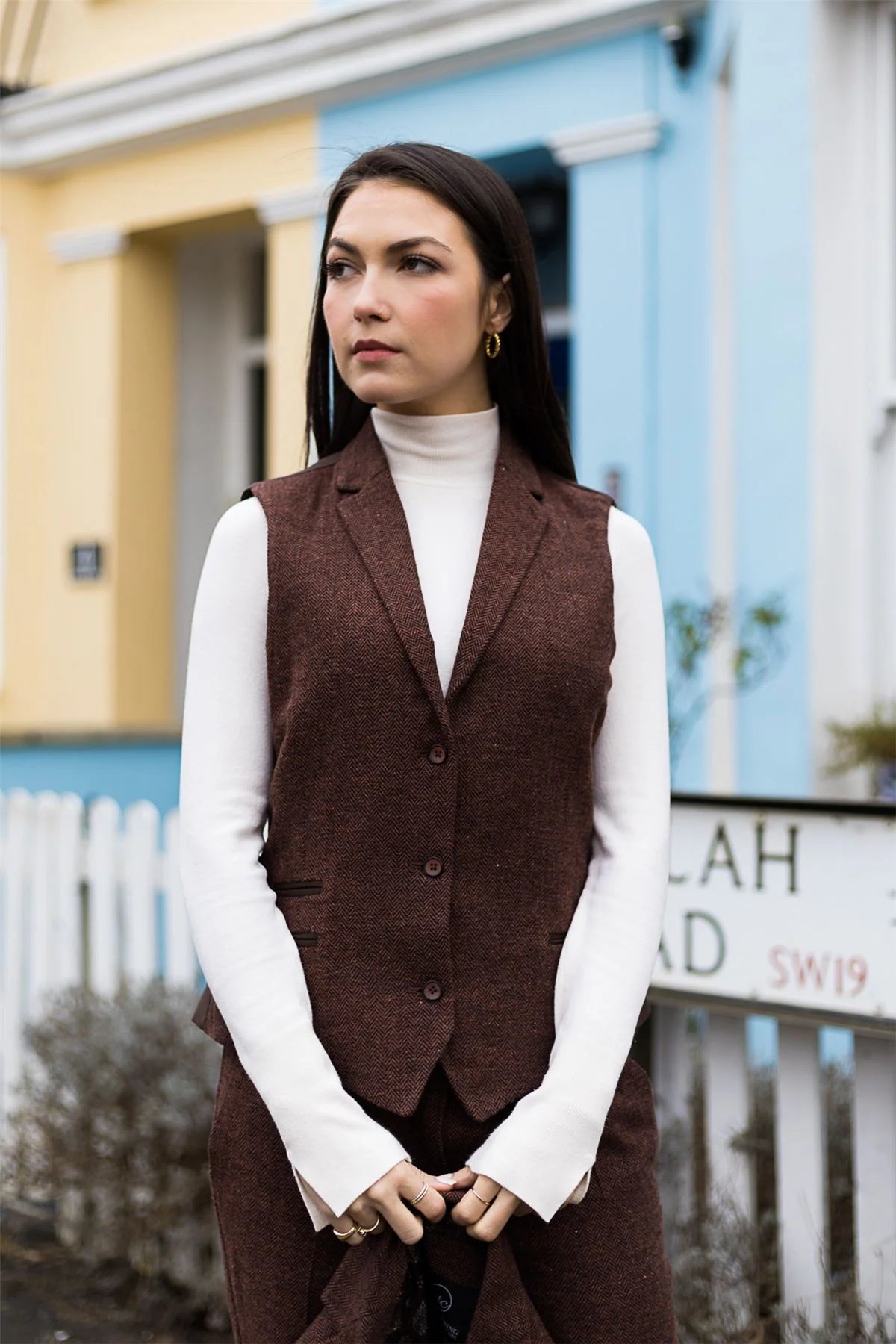 WS-12 - Chaleco de traje de tweed para mujer, lana con estampado de espiga, color marrón óxido.