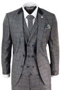 Traje de tres piezas para hombre a cuadros grises y azules
