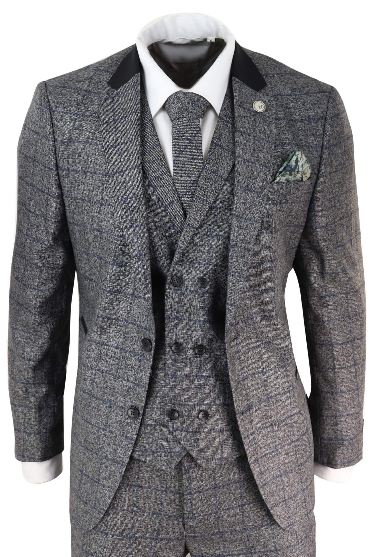Traje de tres piezas para hombre a cuadros grises y azules