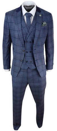 Traje de hombre a cuadros azules de corte entallado