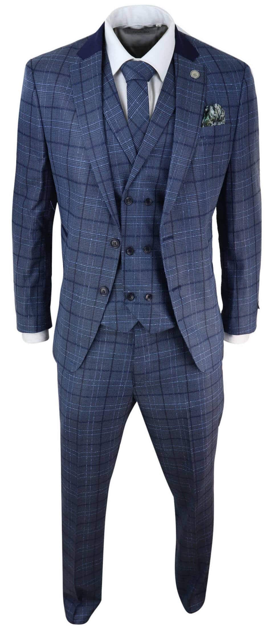 Traje de hombre a cuadros azules de corte entallado