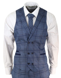 Traje de hombre a cuadros azules de corte entallado