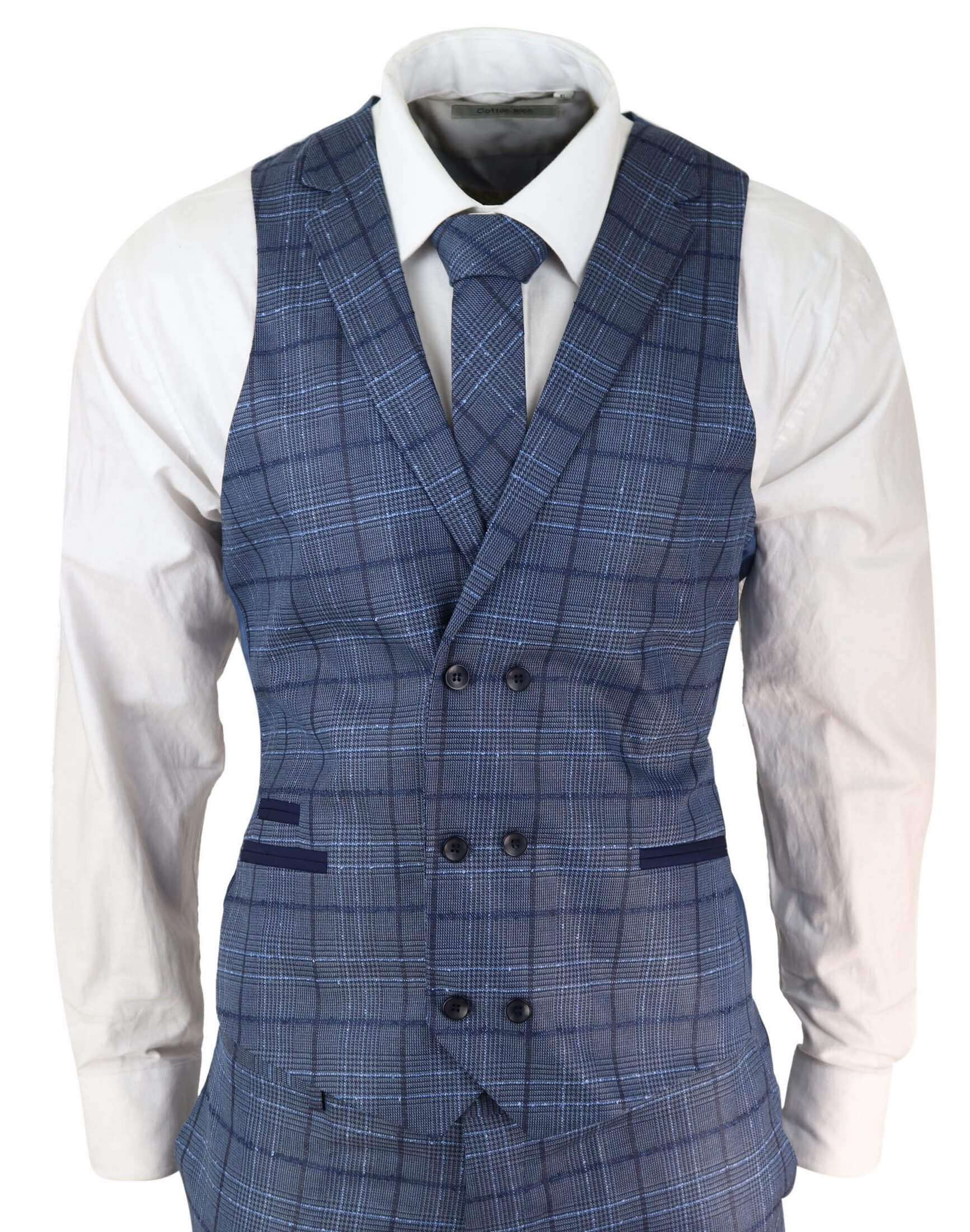 Traje de hombre a cuadros azules de corte entallado