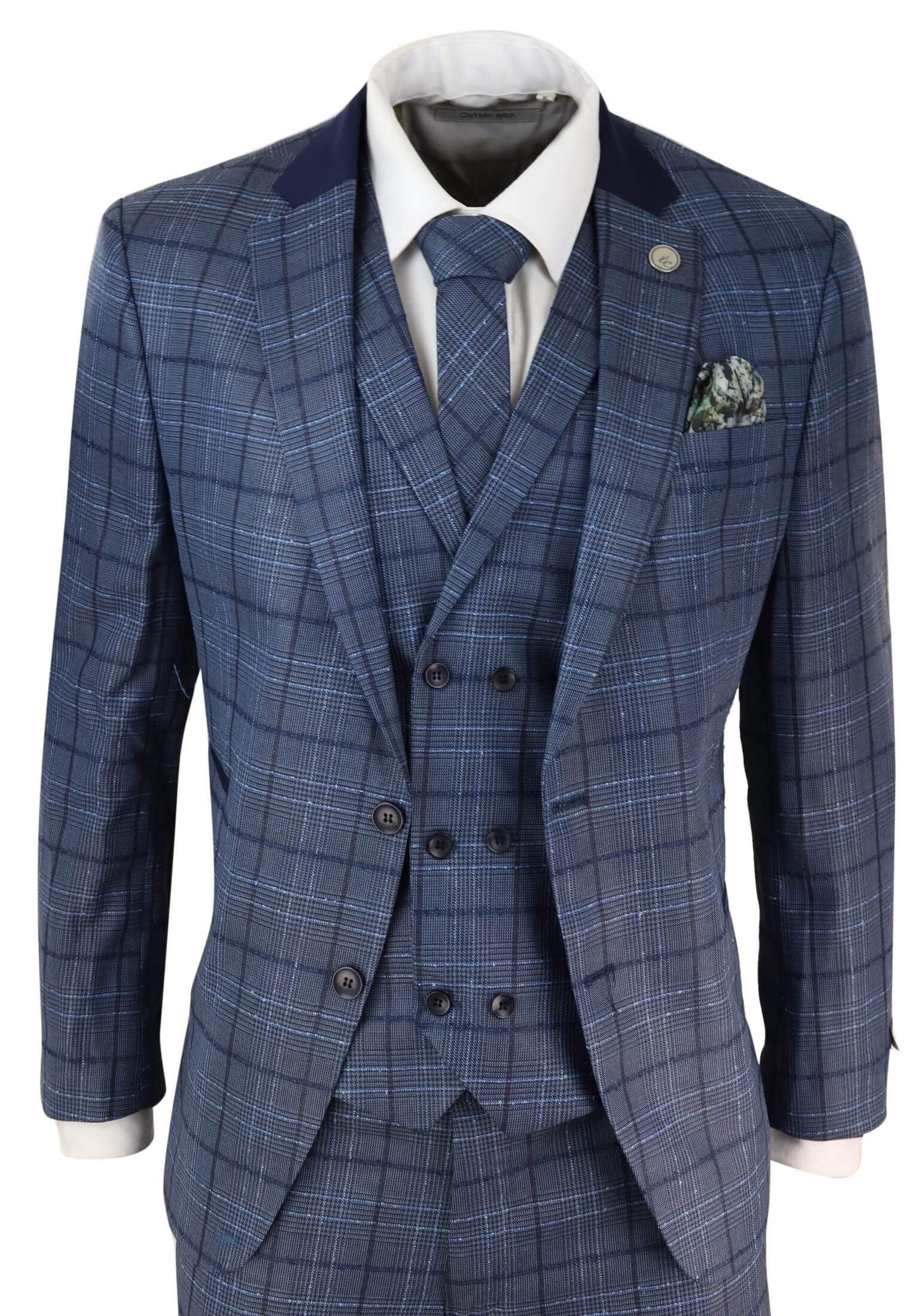 Traje de hombre a cuadros azules de corte entallado