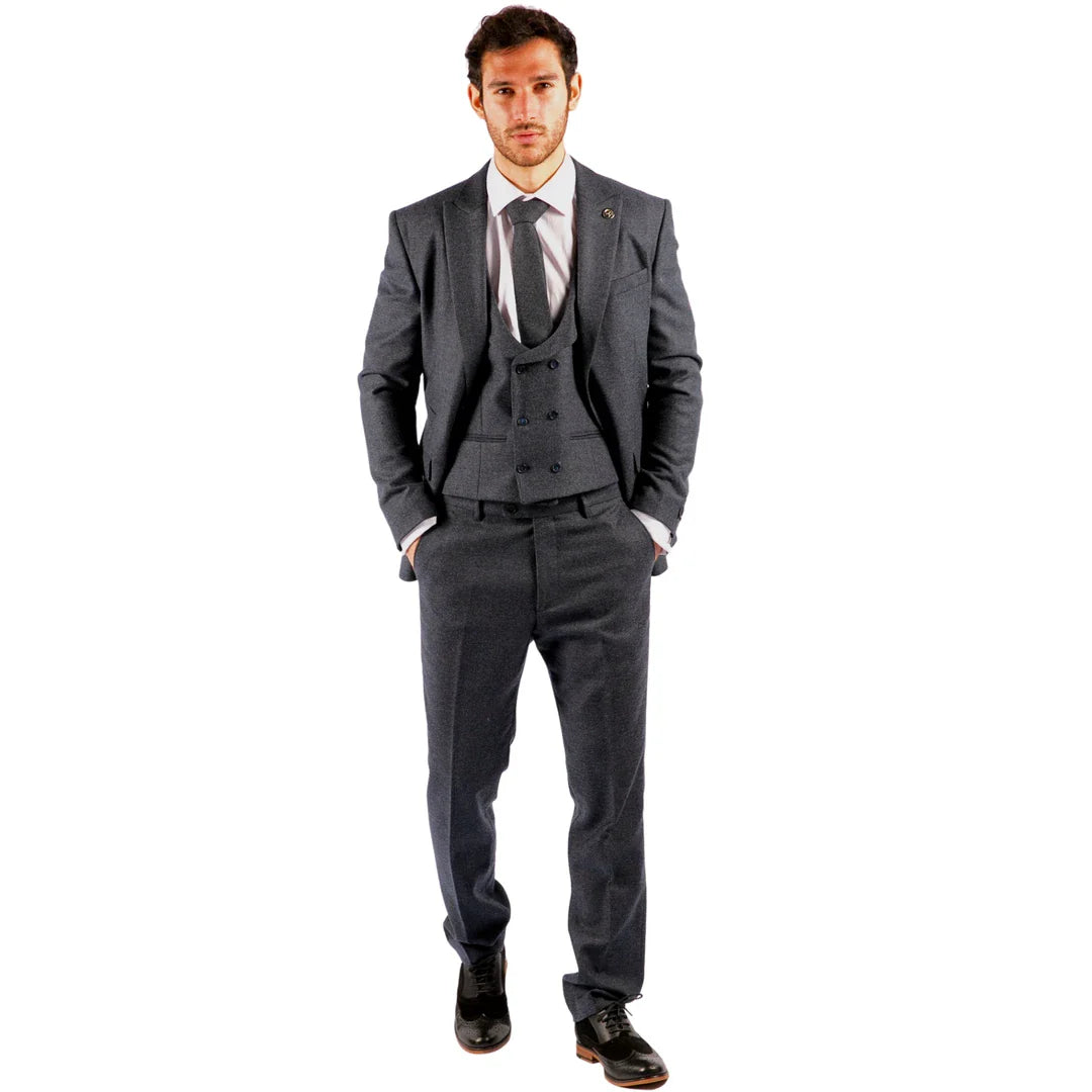 Traje de tres piezas de tweed azul con estampado de espiga para hombre