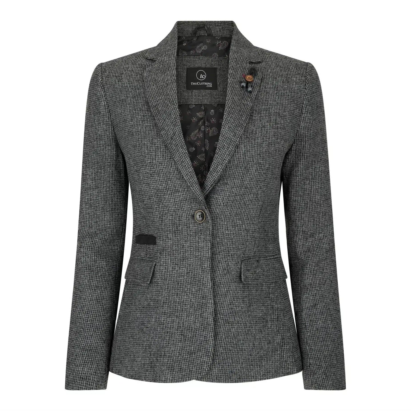 Blazer de mujer de tweed gris con estampado de espiga, estilo años 20, corte entallado, vintage retro.