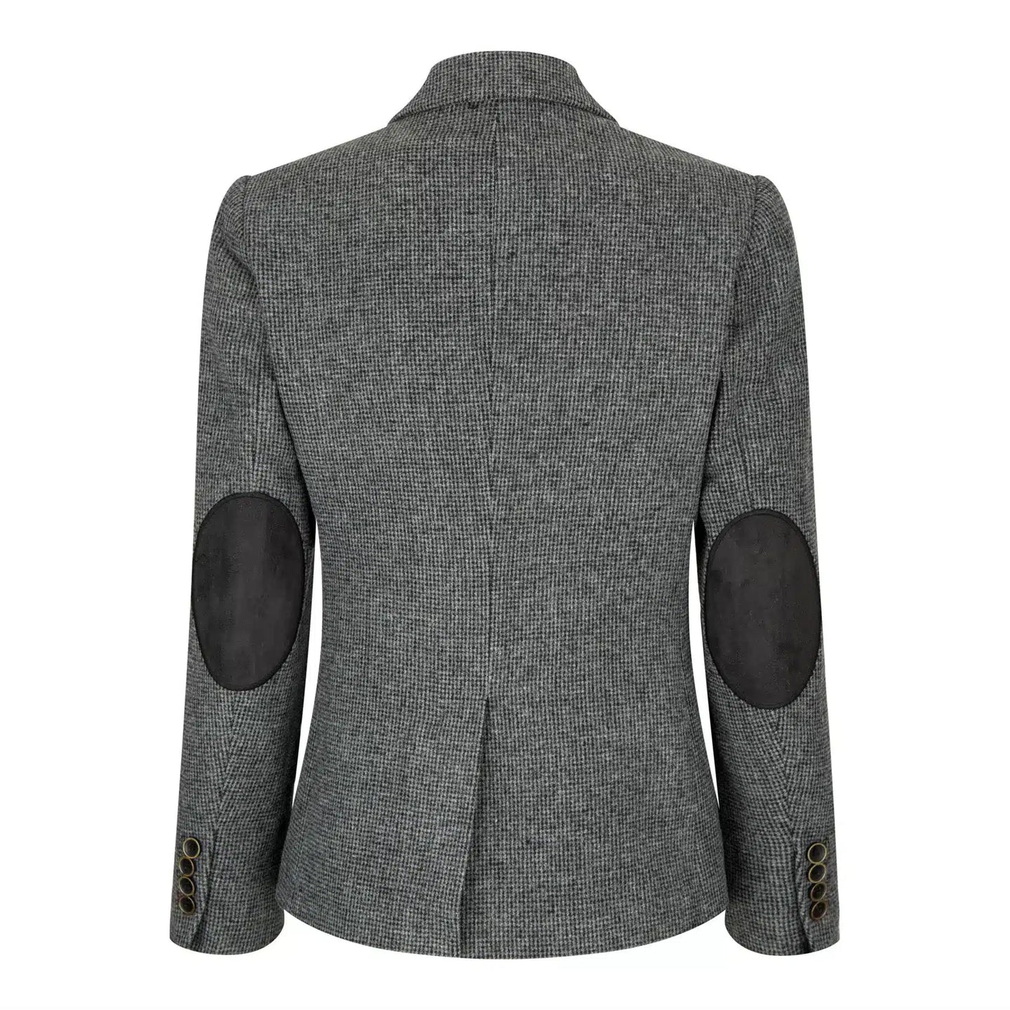 Blazer de mujer de tweed gris con estampado de espiga, estilo años 20, corte entallado, vintage retro.