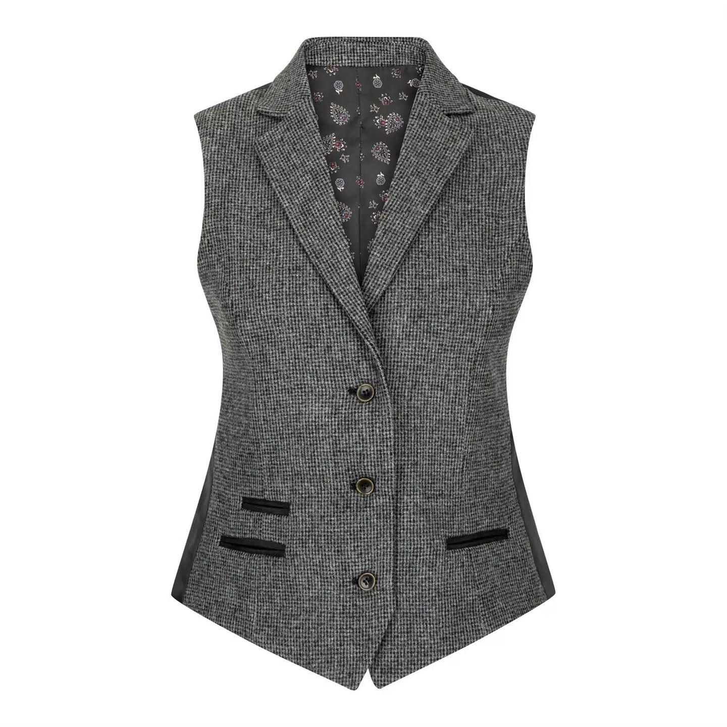 Chaleco de mujer de tweed gris con estampado de espiga, estilo años 20, corte entallado, vintage retro.