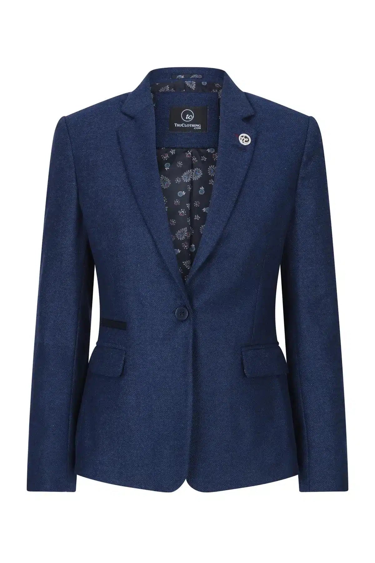 Blazer de mujer de tweed con diseño de espiga, color azul marino, estilo vintage de los años 20, corte clásico y elegante.