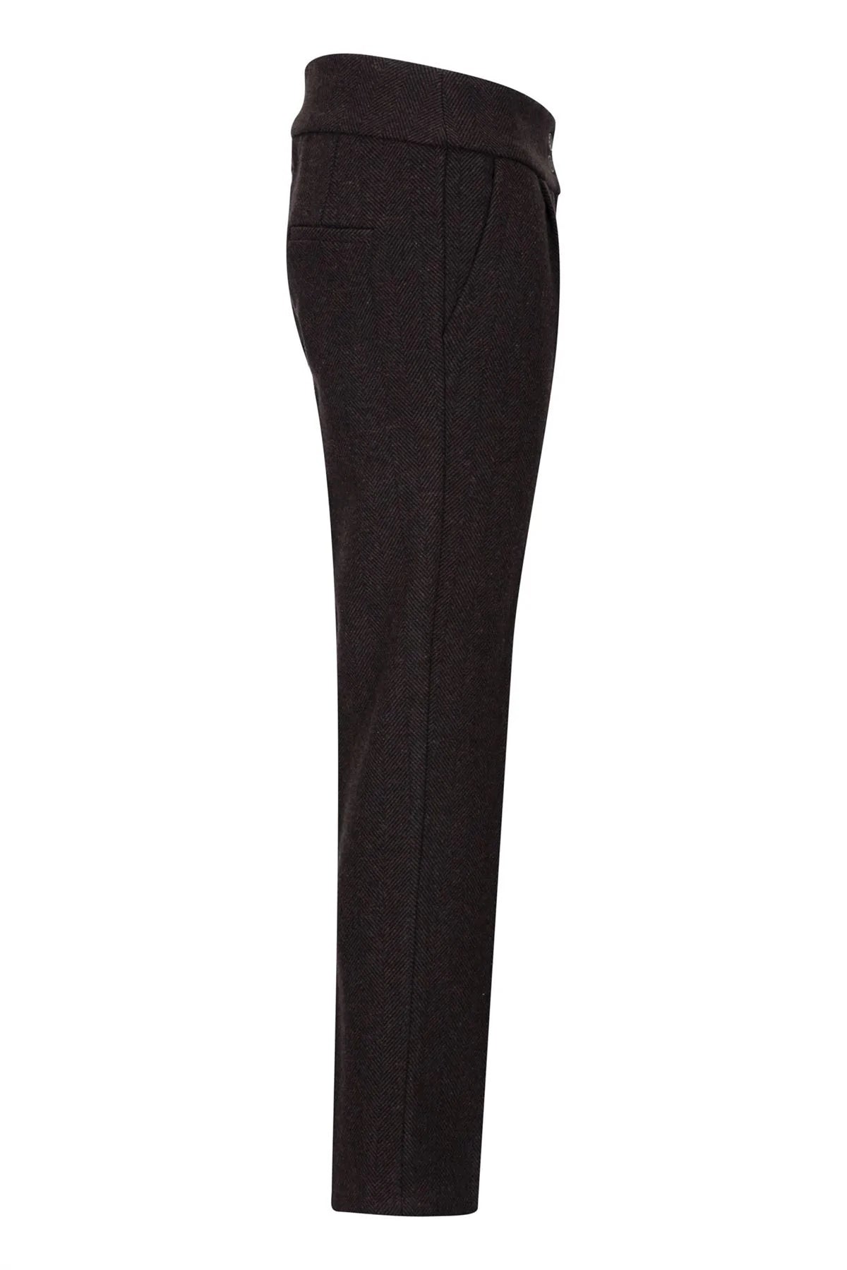 Pantalones de mujer de tweed con diseño de espiga, color marrón, estilo vintage de los años 20, corte clásico y elegante.