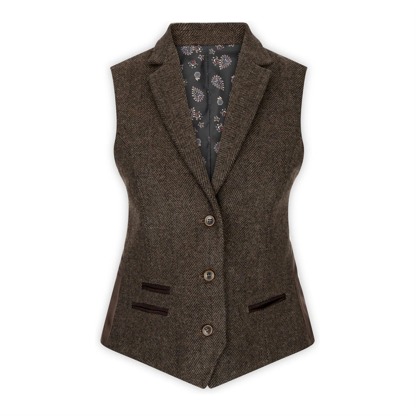 Chaleco de mujer de tweed con diseño de espiga, color marrón, estilo vintage de los años 20, corte clásico y elegante.
