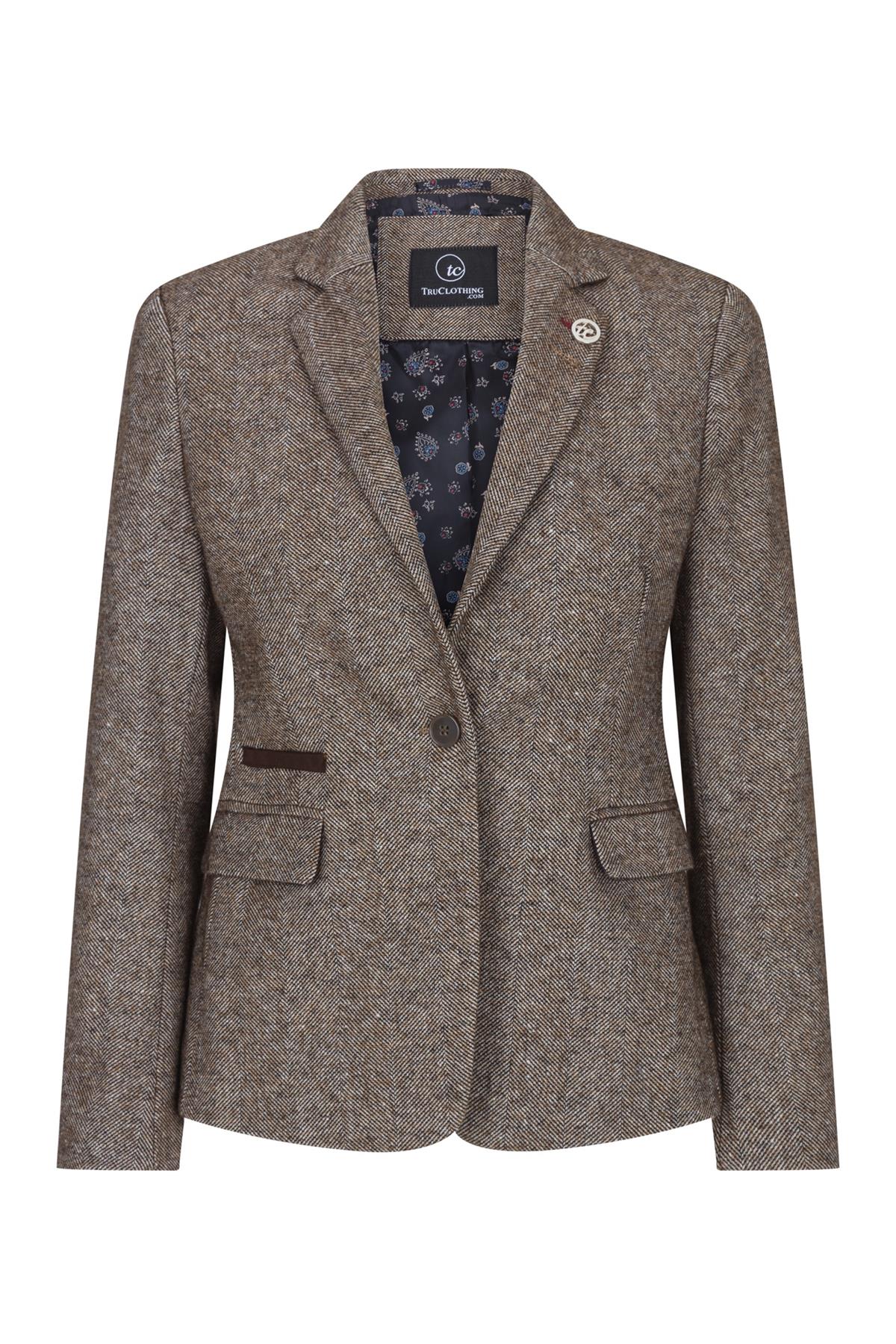 Blazer de mujer estilo años 20, vintage, de Blinders, color tostado, marrón, con estampado de espiga y corte entallado.