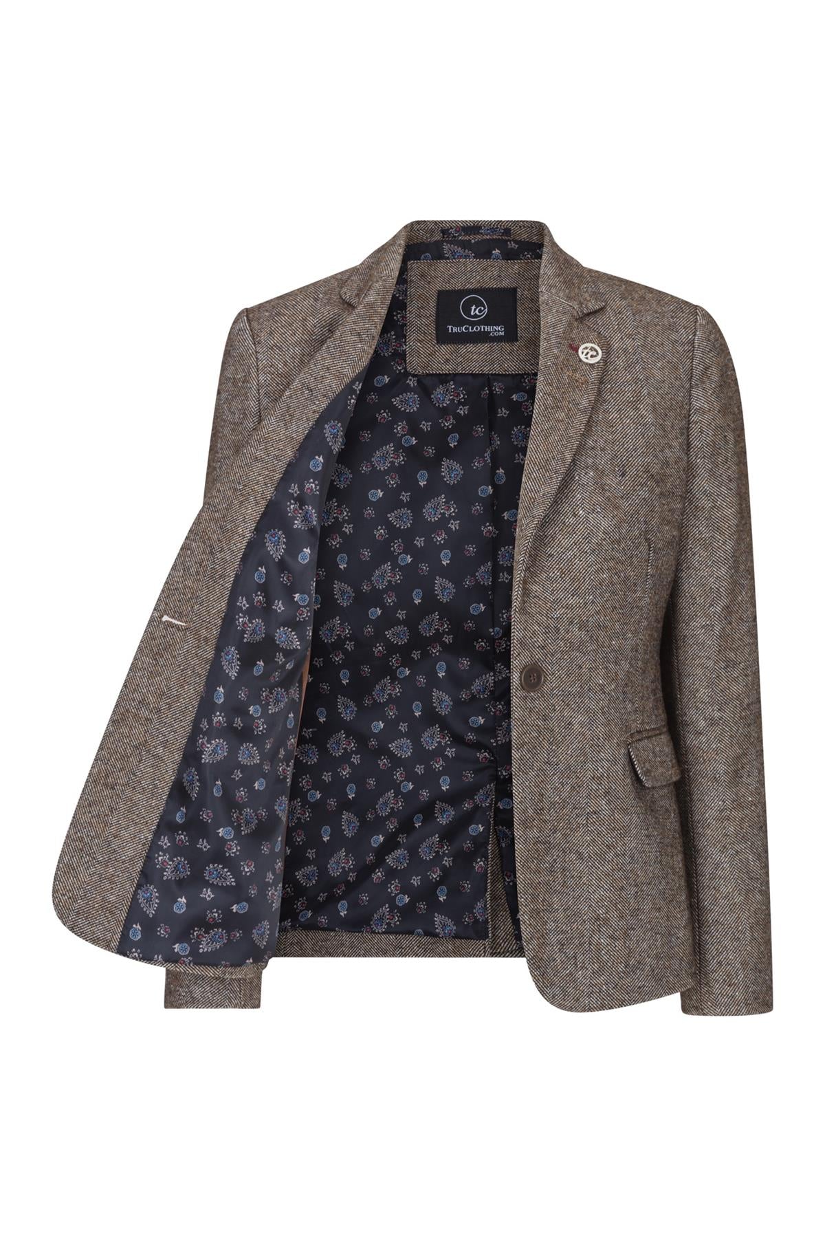 Blazer de mujer estilo años 20, vintage, de Blinders, color tostado, marrón, con estampado de espiga y corte entallado.