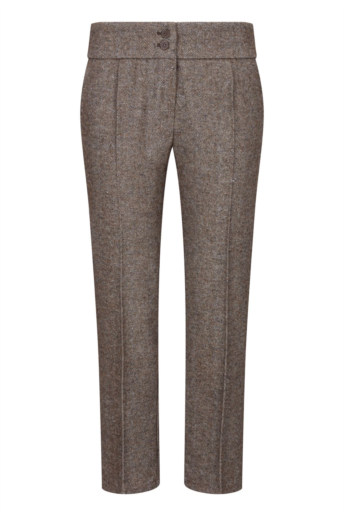 Pantalones de tweed para mujer, estilo vintage de los años 20, marca Blinders, color marrón claro, con estampado de espiga y corte entallado.
