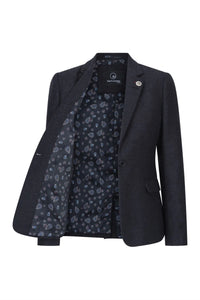 Chaqueta negra de mujer de tweed con estampado de espiga, lana, estilo clásico elegante e informal, estilo vintage de los años 20.