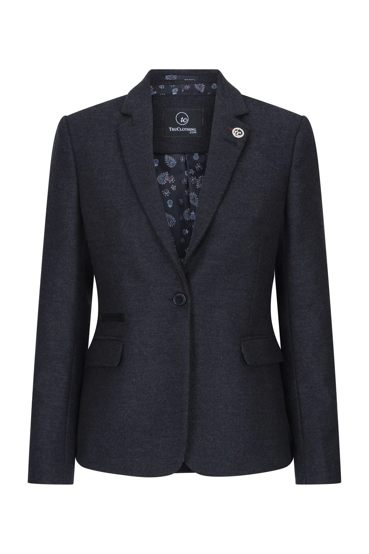 Chaqueta negra de mujer de tweed con estampado de espiga, lana, estilo clásico elegante e informal, estilo vintage de los años 20.