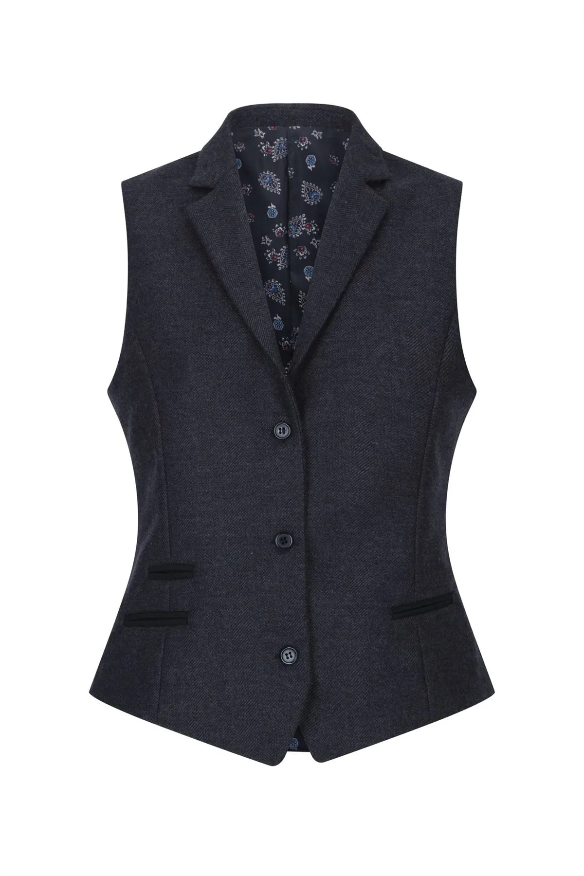 Chaleco negro de mujer de lana tweed con estampado de espiga, estilo clásico elegante e informal, estilo vintage de los años 20.