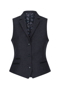 Chaleco negro de mujer de lana tweed con estampado de espiga, estilo clásico elegante e informal, estilo vintage de los años 20.