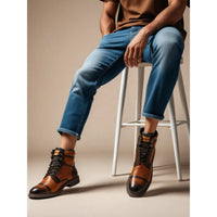 York - Botines de cuero marrón con cordones para hombre, modelo Cuero