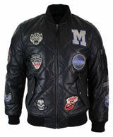 Chaqueta bomber de béisbol estilo universitario para hombre, acolchada, de cuero auténtico, con insignia.