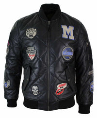 Chaqueta bomber de béisbol estilo universitario para hombre, acolchada, de cuero auténtico, con insignia.