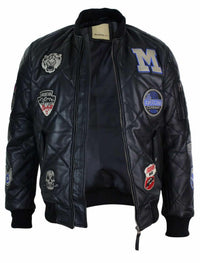 Chaqueta bomber de béisbol estilo universitario para hombre, acolchada, de cuero auténtico, con insignia.