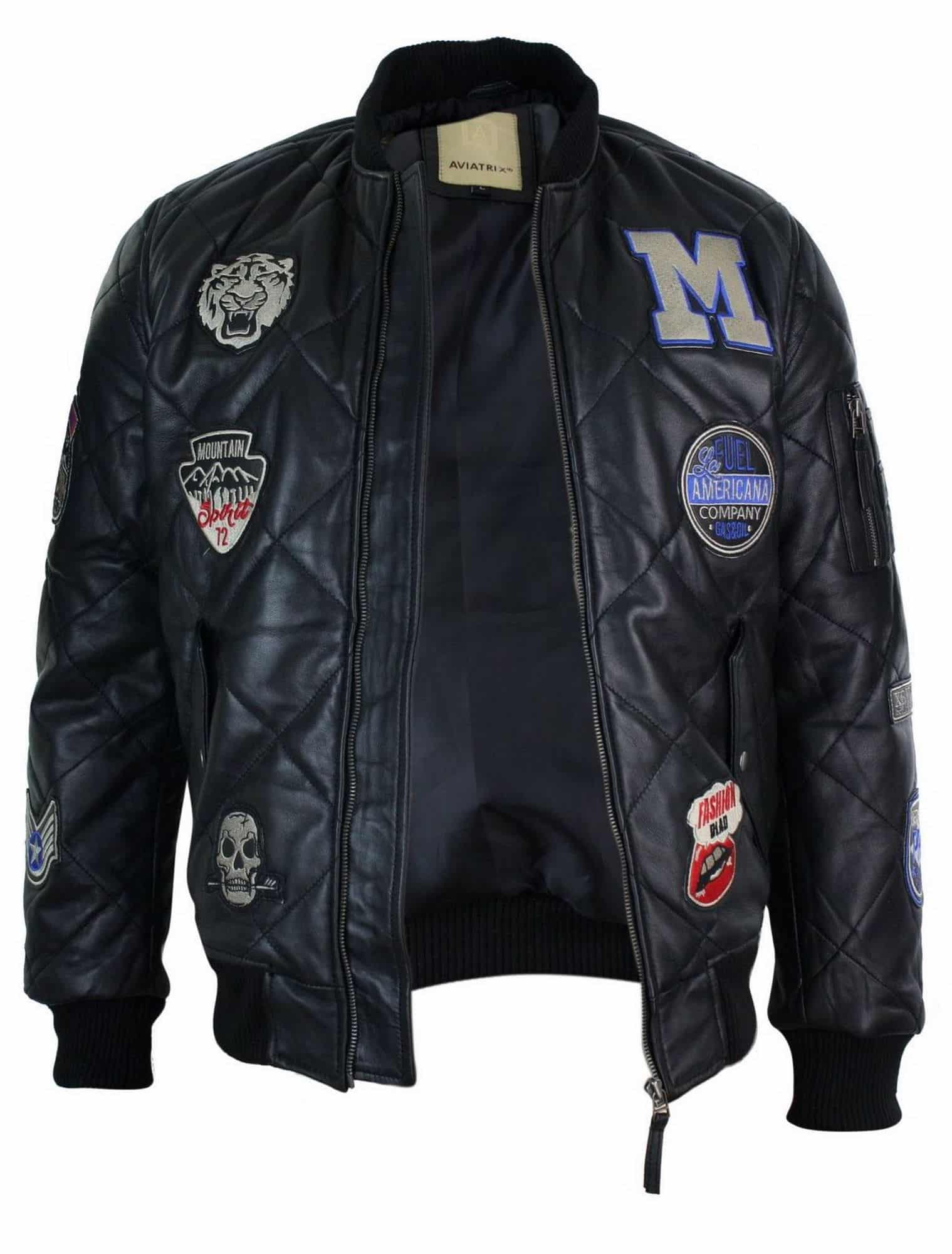 Chaqueta bomber de béisbol estilo universitario para hombre, acolchada, de cuero auténtico, con insignia.